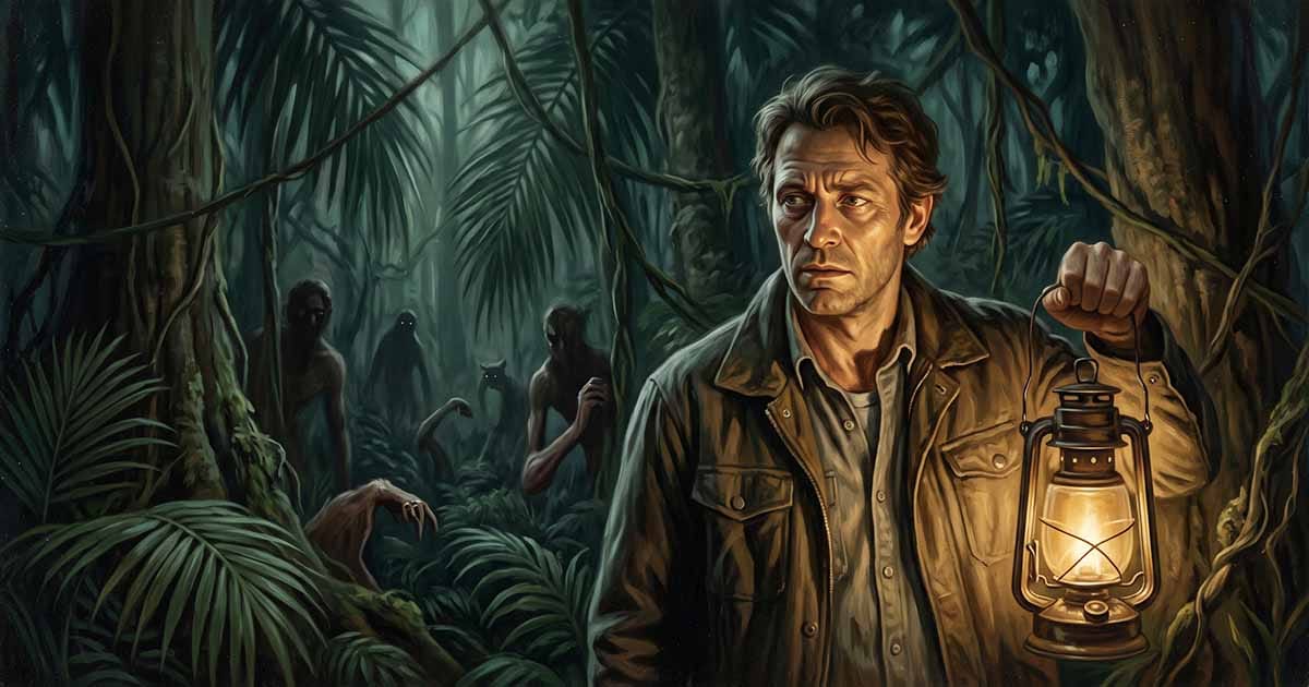 Edward Prendick holds a lantern in a dark tropical jungle while shadowy human-animal figures watch him from among the trees.