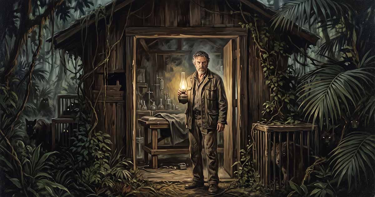Dr. Moreau holds a lamp outside his dim island laboratory as shadowy animals watch from cages in the surrounding tropical jungle.