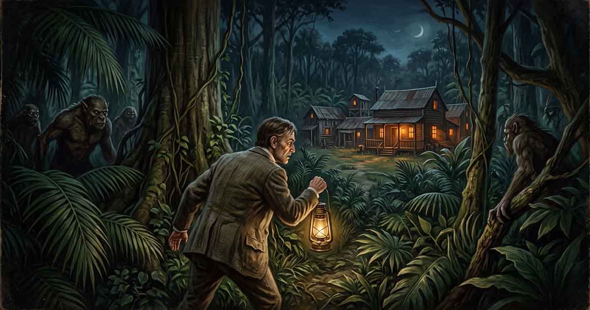 Edward Prendick carries a lantern through a dark tropical jungle toward Moreau’s distant compound as strange figures watch from the trees.
