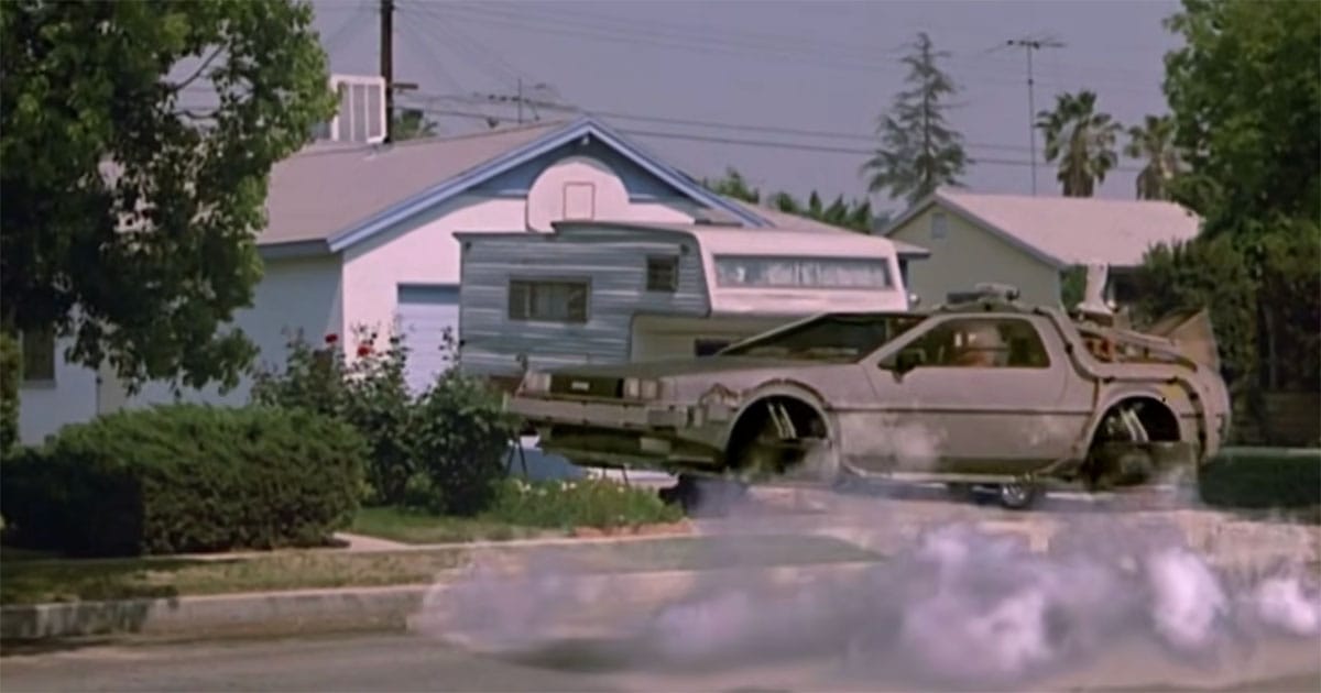 Flying DeLorean hovering above a suburban street in "Back to the Future Part II."