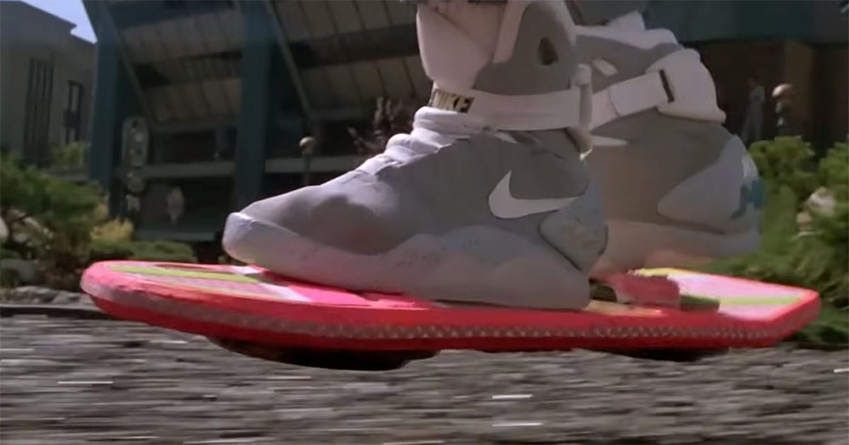 Close-up of a hoverboard in "Back to the Future Part II," part of the film's imagined vision of 2015.