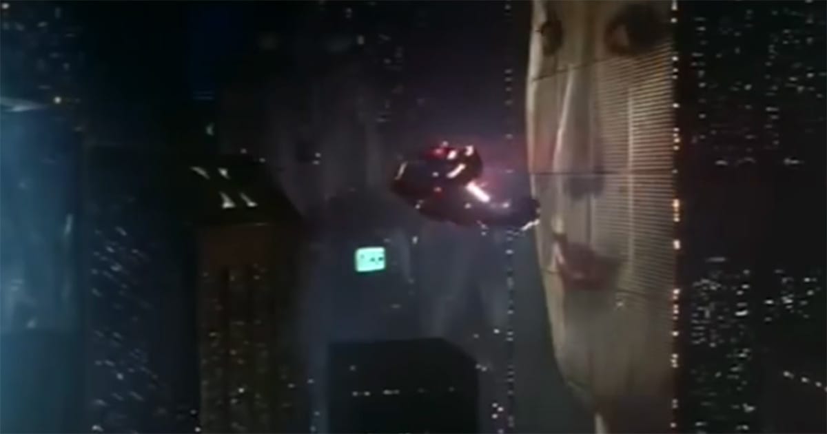 Futuristic Los Angeles skyline and flying vehicle from "Blade Runner," depicting the film's imagined 2019.
