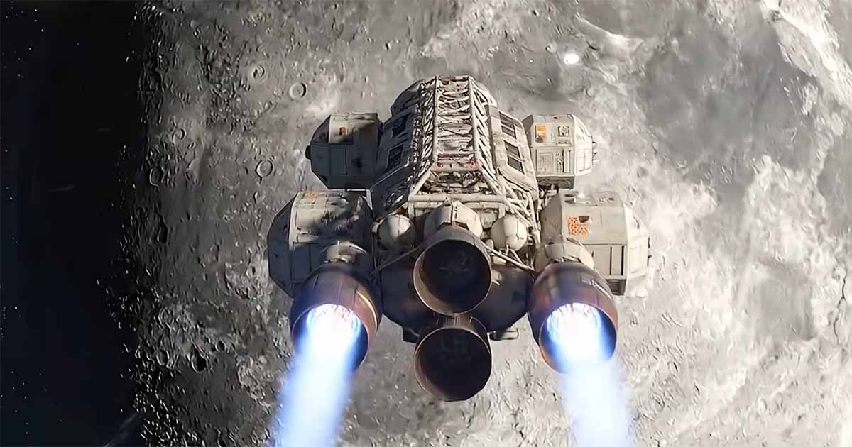 Eagle spacecraft flying above the Moon in "Space: 1999," the television series' vision of humanity's spacefaring future.