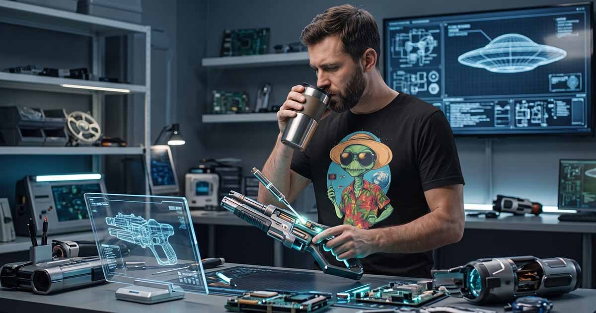 Man drinking coffee in a futuristic workshop surrounded by advanced computers, holographic displays, and science-fiction technology.
