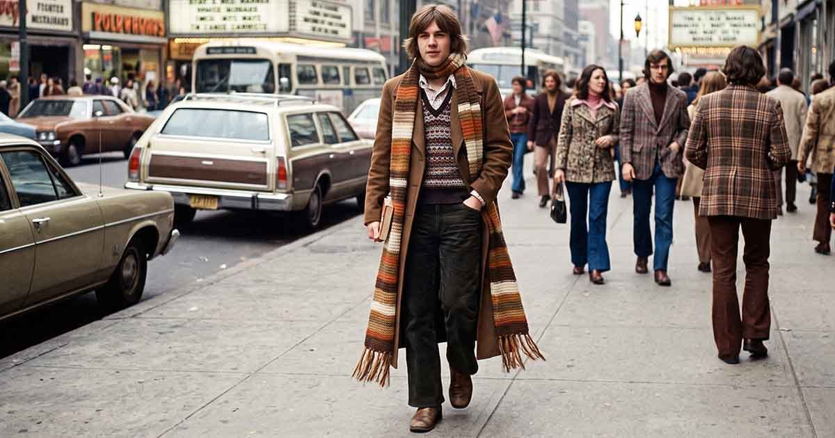 "Doctor Who" inspired fan wearing a long brown coat and multicolored scarf on a busy 1970s city street.