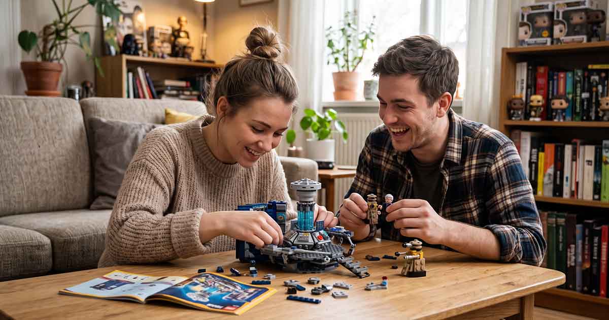Two "Doctor Who" fans assembling a LEGO TARDIS console room set with Doctor and Dalek figures on a living room table.