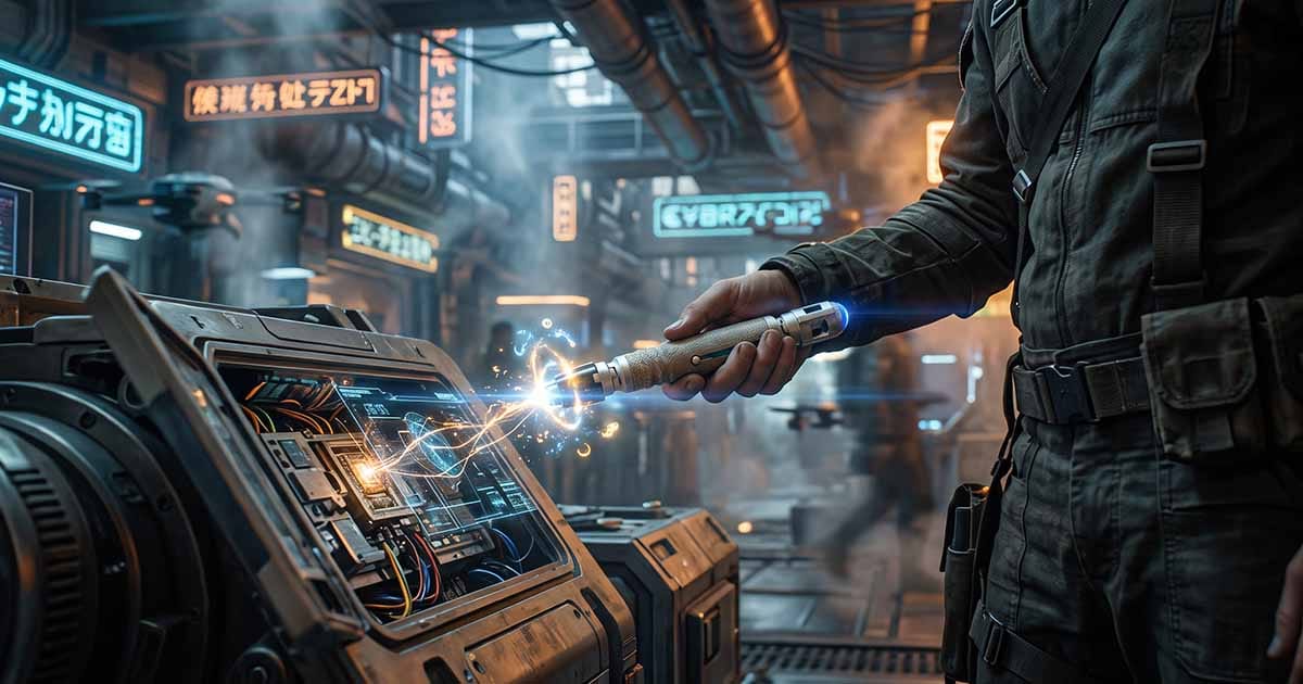 Glowing sonic screwdriver being used to repair a futuristic control panel inside a science fiction workshop.
