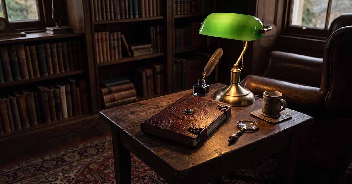 Embossed brown leather Eye of Agamotto journal displayed on a wooden table beside a green reading lamp, quill, and magnifying glass.