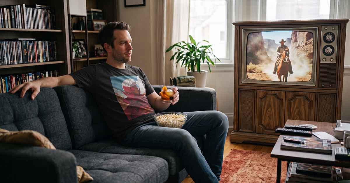 Man wearing “The Last Warlord of Vexis Prime” T-shirt while watching a Western on a vintage television.