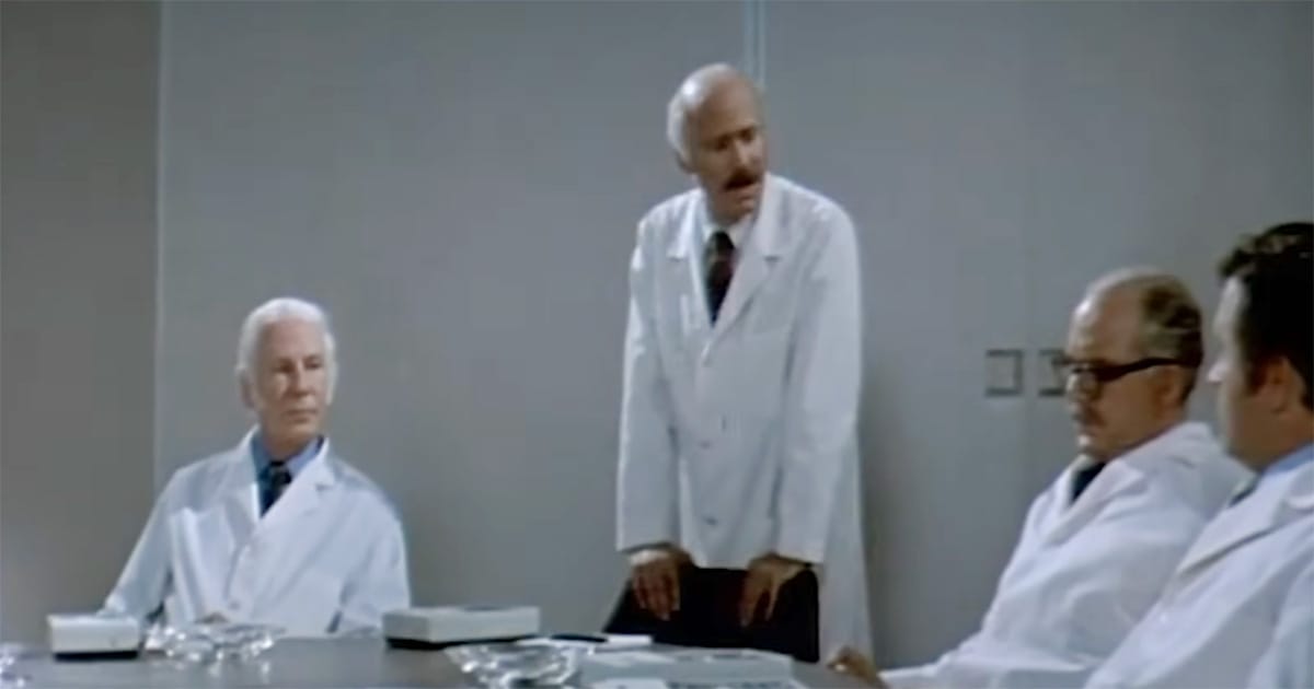 Delos technicians in a control-room meeting in "Westworld" (1973).