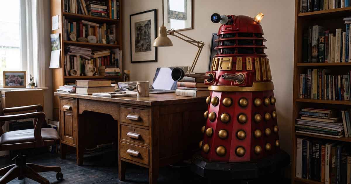 Red and gold Supreme Dalek cardboard cutout standing beside a wooden desk and bookshelves in a home study.