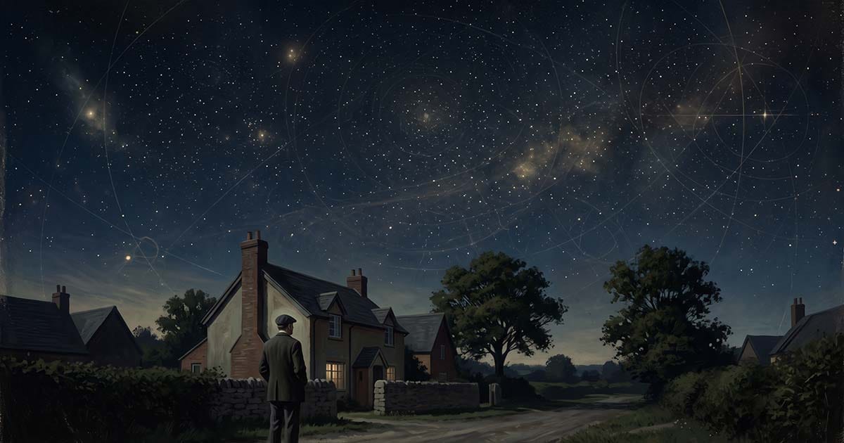 A man in 1930s clothing stands outside an English country home beneath a vast star-filled night sky.