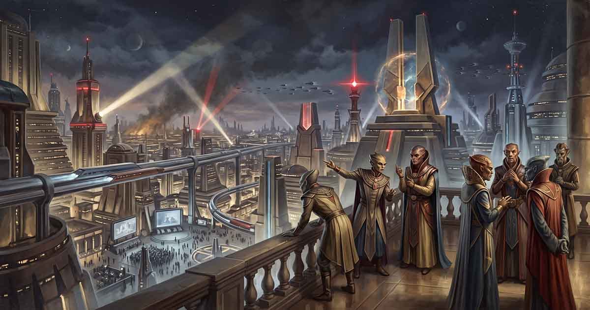 Alien leaders debate on a terrace overlooking an advanced futuristic city marked by political tension, technology, and distant conflict.