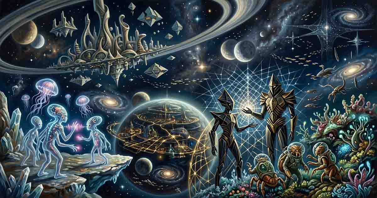 A colorful cosmic scene filled with varied alien beings, strange cities, planets, galaxies, and geometric forms of intelligence.