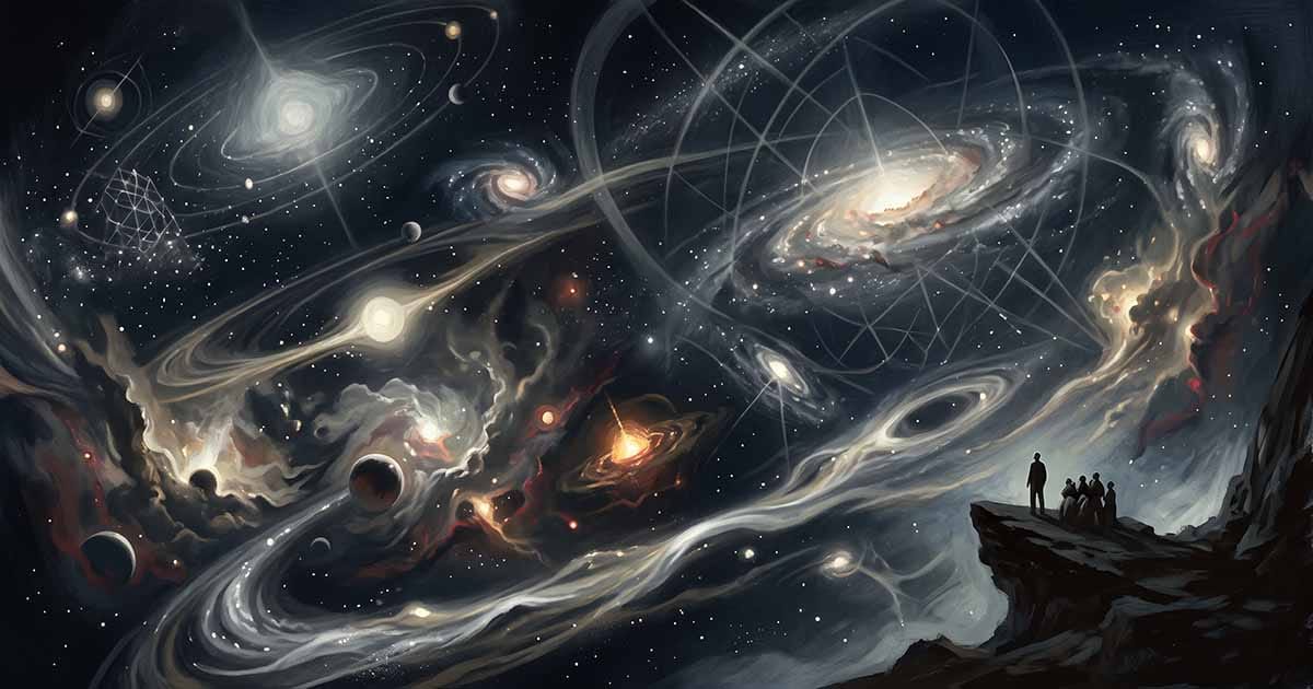 Small human figures stand on a cliff overlooking a vast cosmic scene filled with galaxies, stars, planets, and swirling luminous forms.