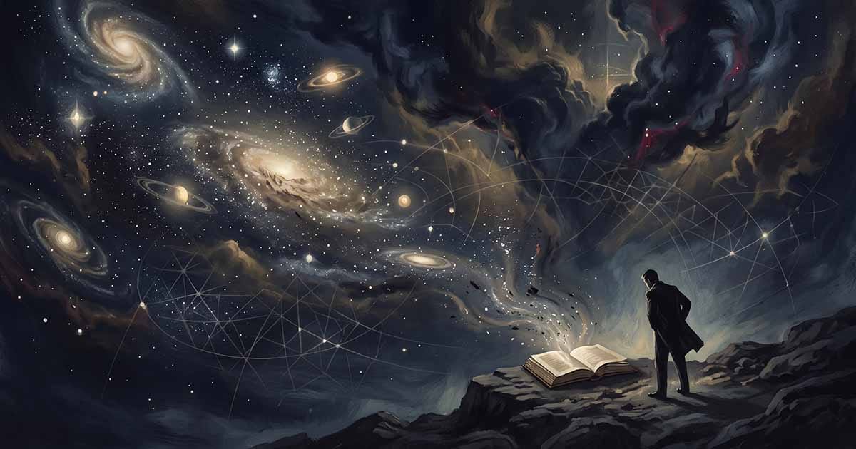 A man stands beside an open book as galaxies, planets, stars, and cosmic patterns expand across the sky above it.