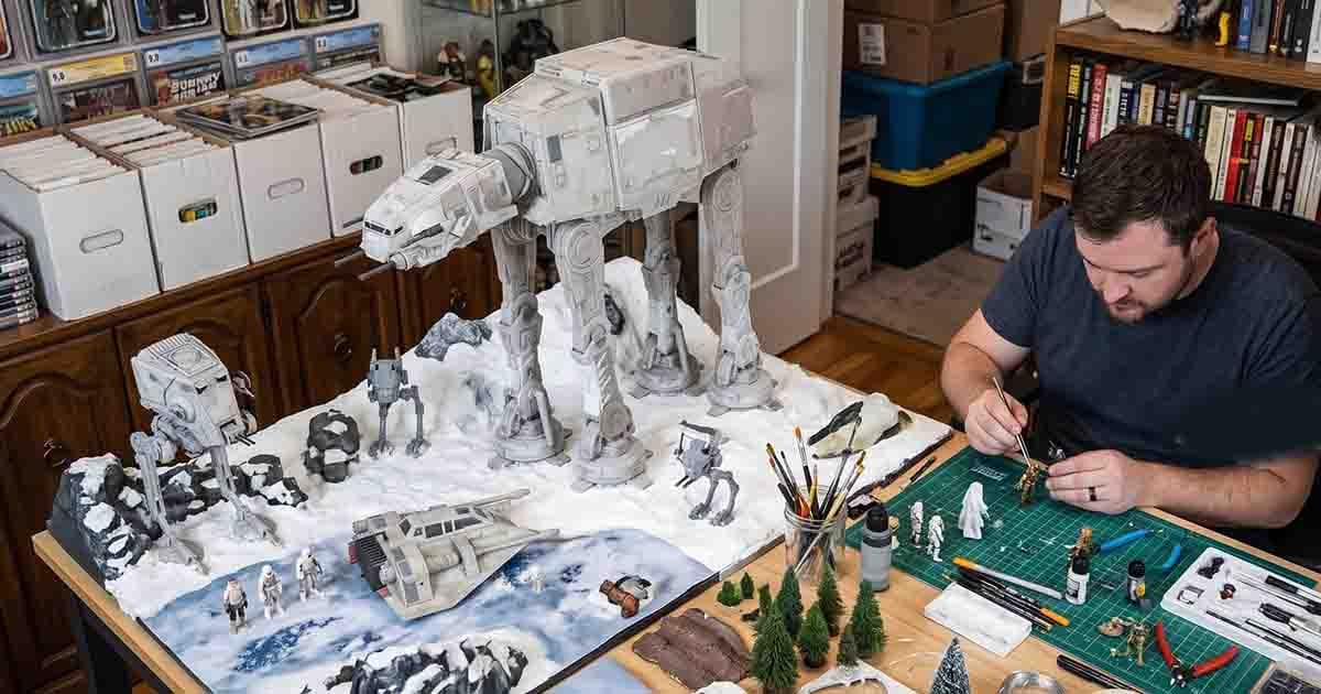 Star Wars AT-AT walker and smaller vehicles arranged in a snowy diorama while a hobbyist paints miniature figures at a worktable.