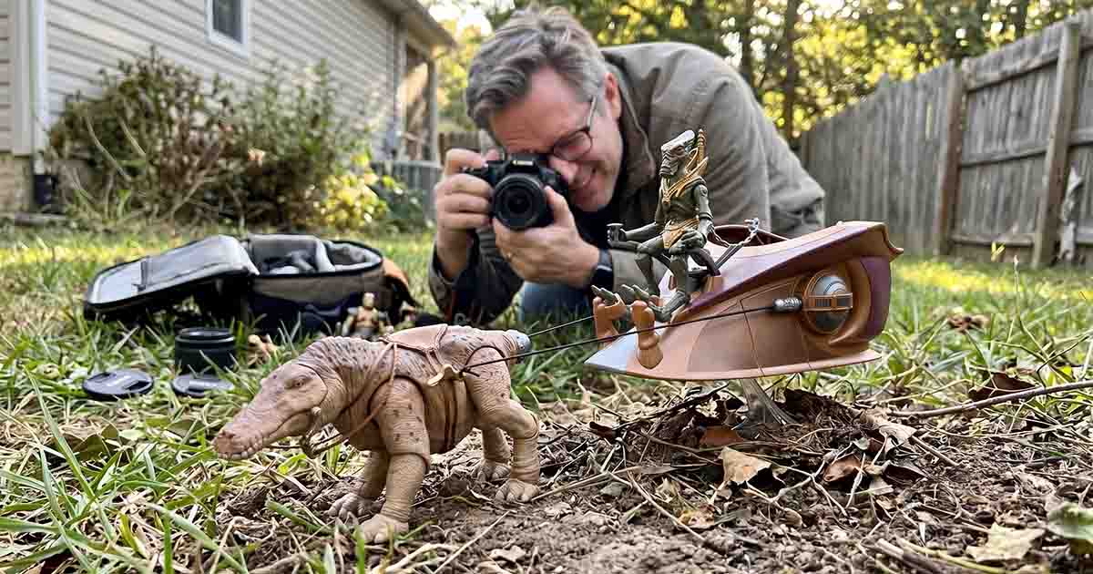 Geonosian rider and creature action figures posed outdoors in a backyard while a photographer takes a close-up picture.