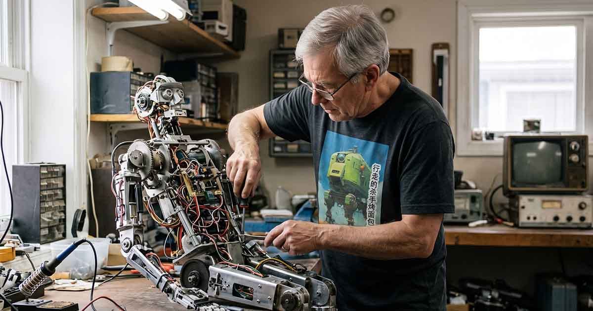 Older man working on a homemade humanoid robot while wearing a Walking, Killer Toaster science fiction T-shirt.
