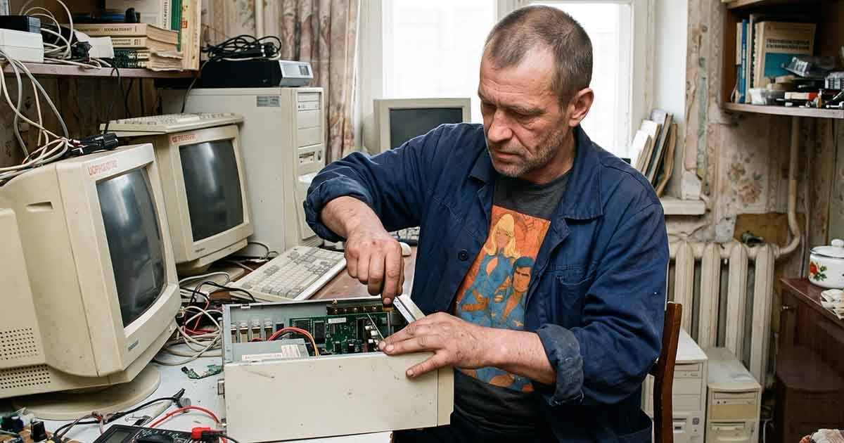 Man repairing a vintage computer while wearing a T-shirt with orange-and-blue pulp science fiction artwork.
