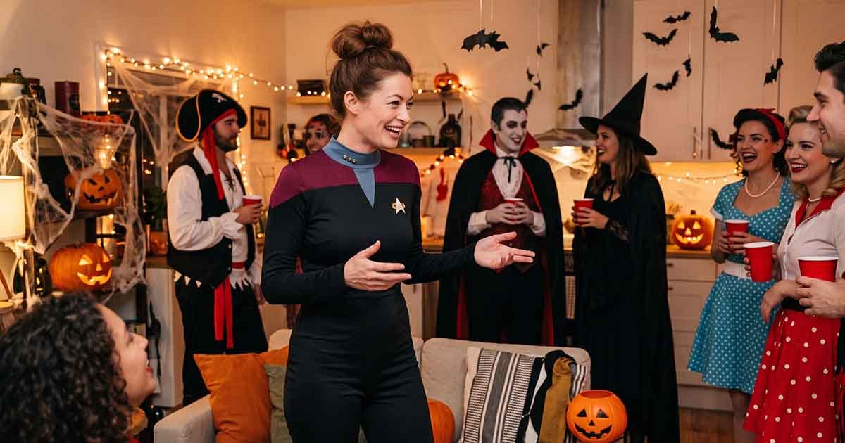 Woman wearing a female Starfleet command uniform at a Halloween party with guests, pumpkins, bats, and cobweb decorations.