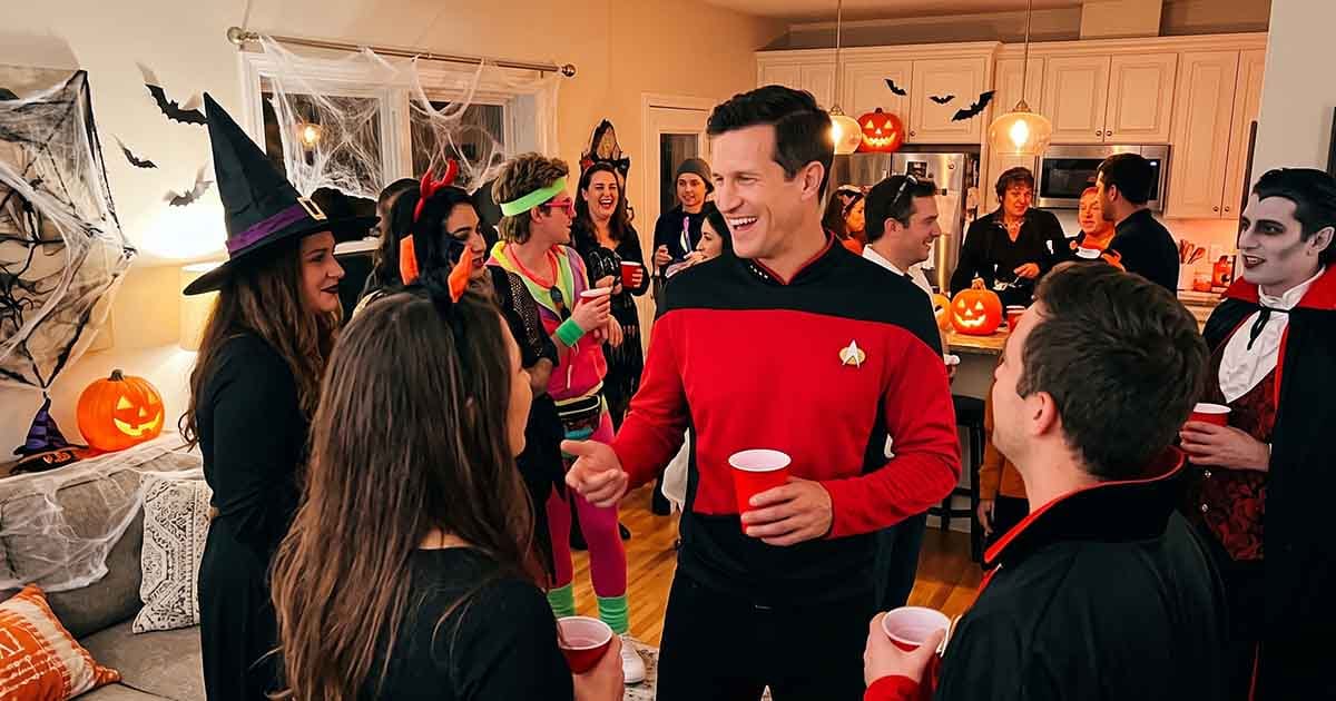 Man wearing a red and black Picard-style Starfleet command uniform talking with guests at a crowded Halloween party.
