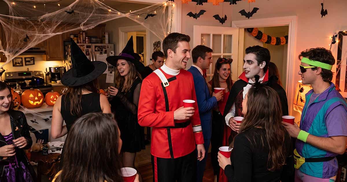 Man wearing a red movie-era Starfleet commander-style uniform at a crowded Halloween party.