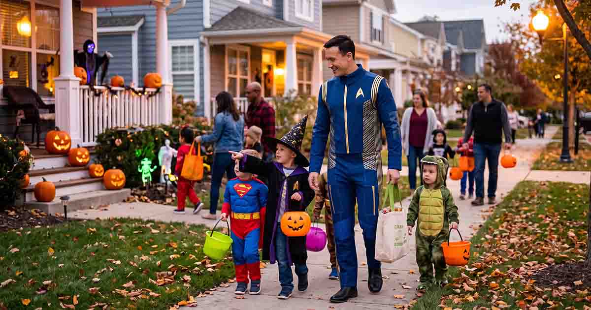 Man wearing a blue Star Trek Discovery-style Starfleet uniform trick-or-treating with children in a decorated suburban neighborhood.