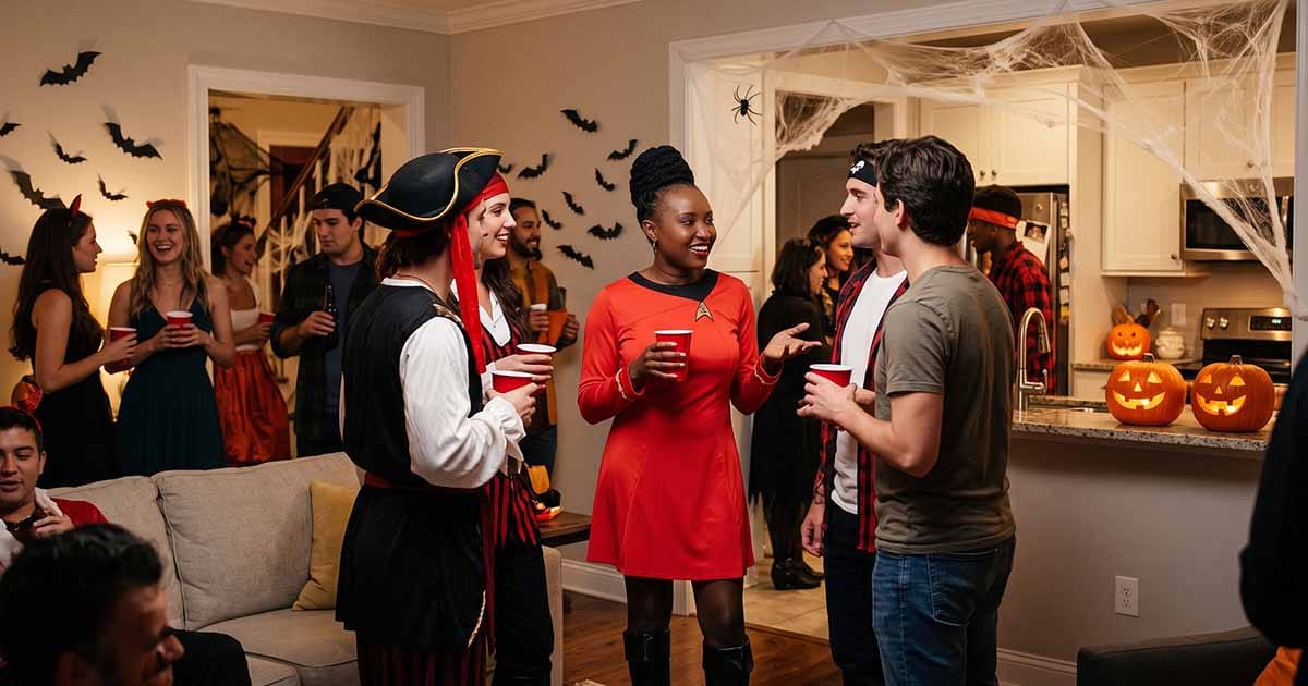 Woman wearing a red Uhura-inspired Star Trek uniform talking with guests at a Halloween party decorated with bats, cobwebs, and pumpkins.