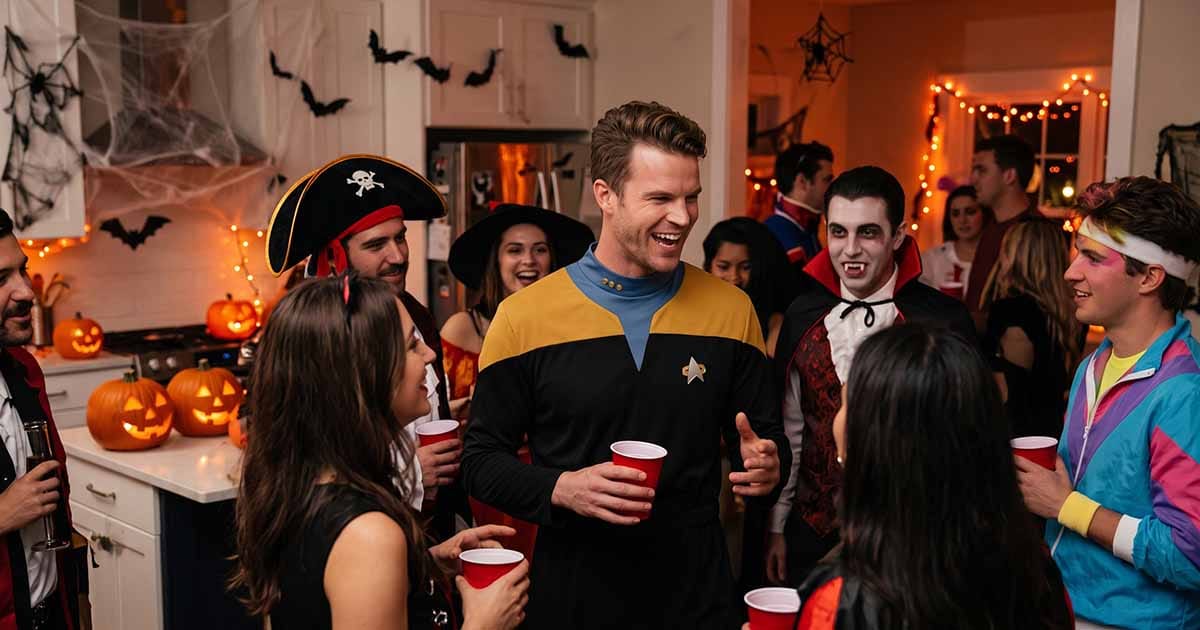 Man wearing a gold and black Starfleet-style command uniform at a crowded Halloween party with pirates, vampires, and other costumed guests.