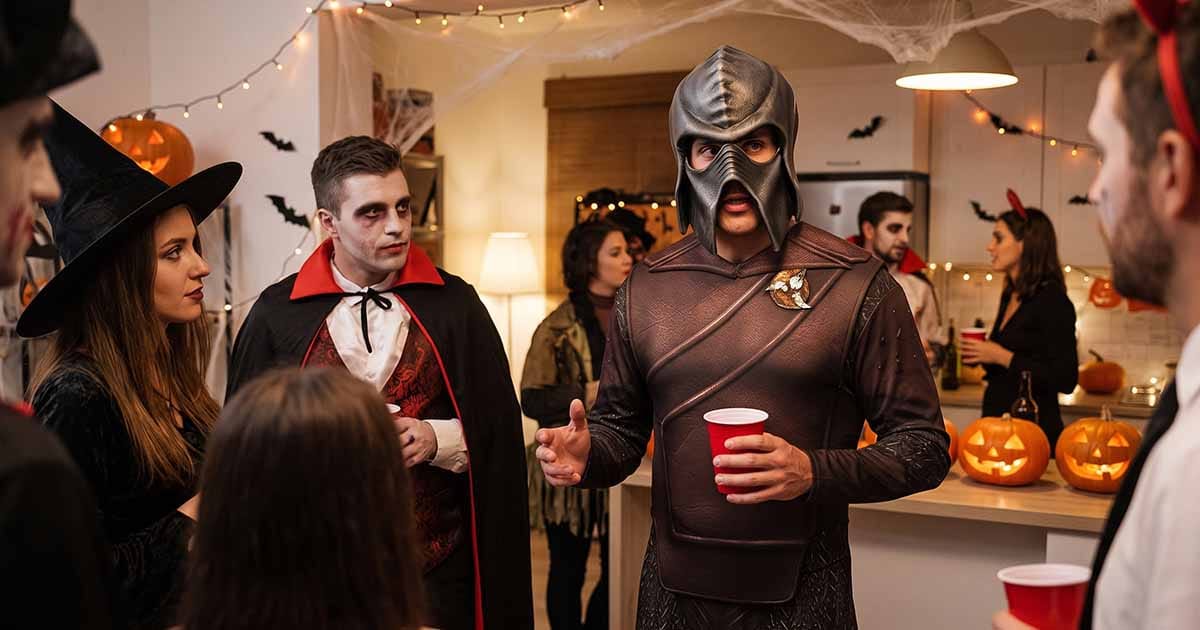 Man wearing a Klingon-inspired armored costume and helmet at a Halloween party with guests, pumpkins, bats, and cobweb decorations.