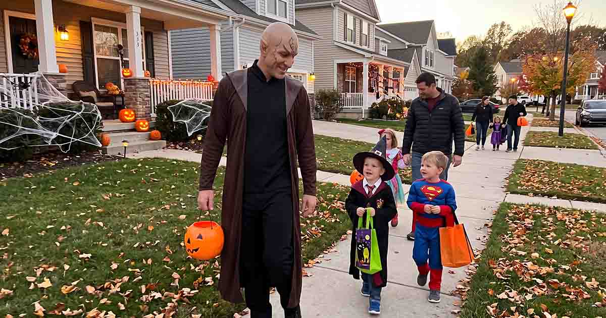 Man in a Nero-inspired Star Trek costume trick-or-treating with children in a decorated suburban neighborhood.