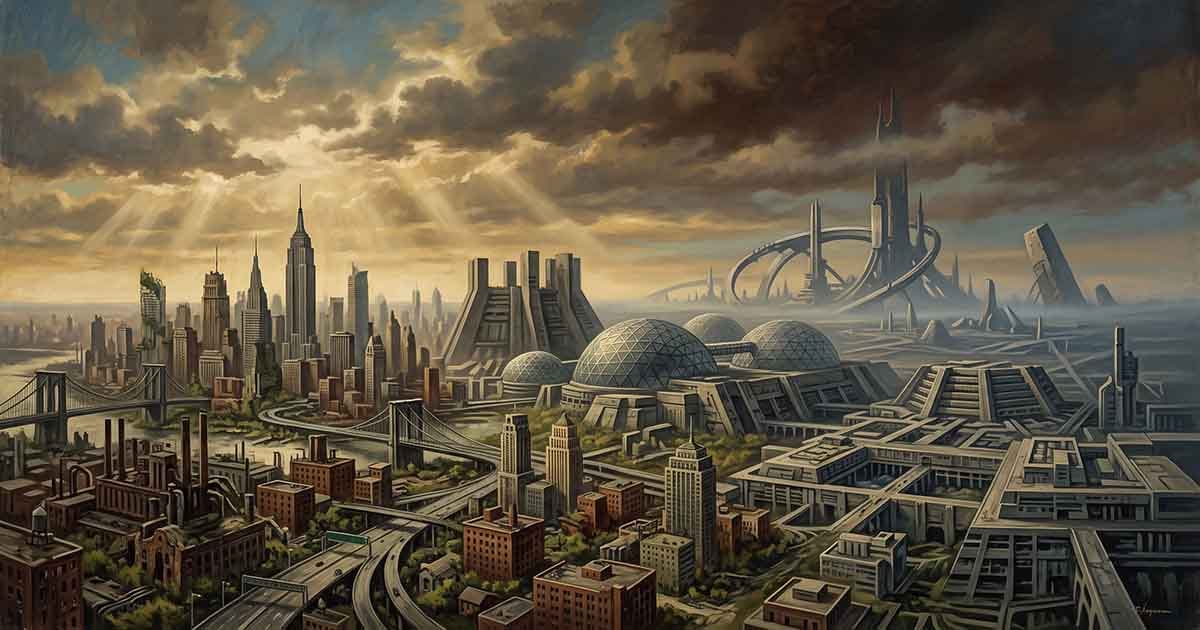 Vintage science fiction illustration showing a modern city gradually transforming into vast futuristic civilizations beneath a dramatic sky.