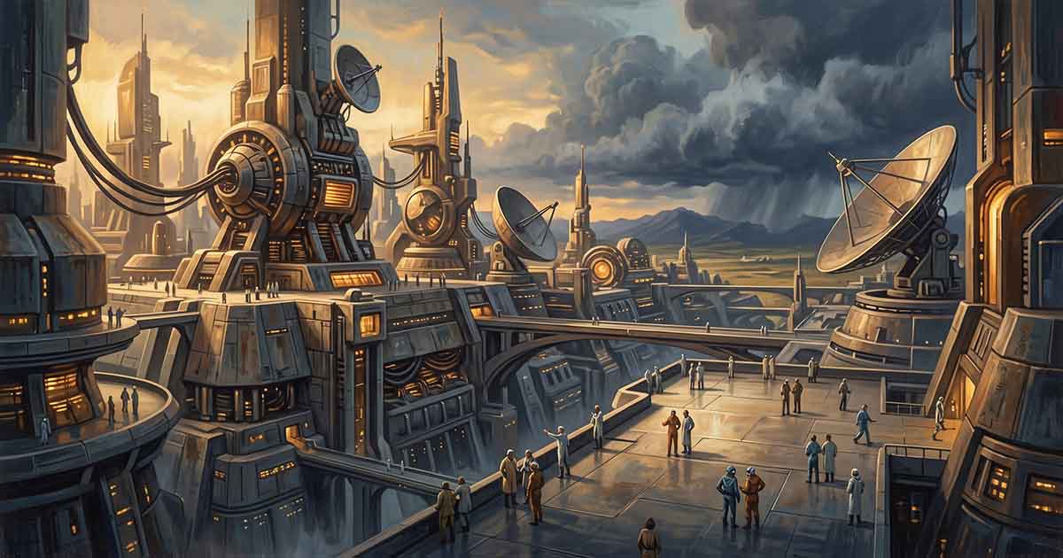 Vintage science fiction painting of an advanced technological city with scientists, massive machines, satellite dishes, and dark storm clouds approaching.