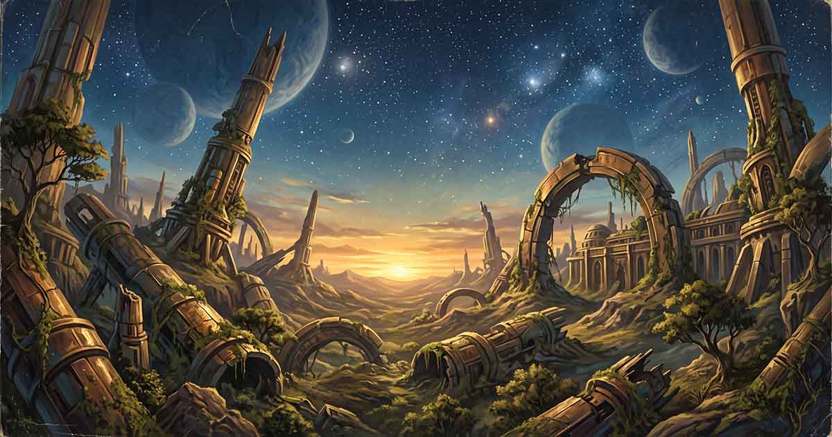 Vintage science fiction landscape of ancient futuristic ruins reclaimed by nature beneath a star-filled sky, distant planets, and a golden sunset.