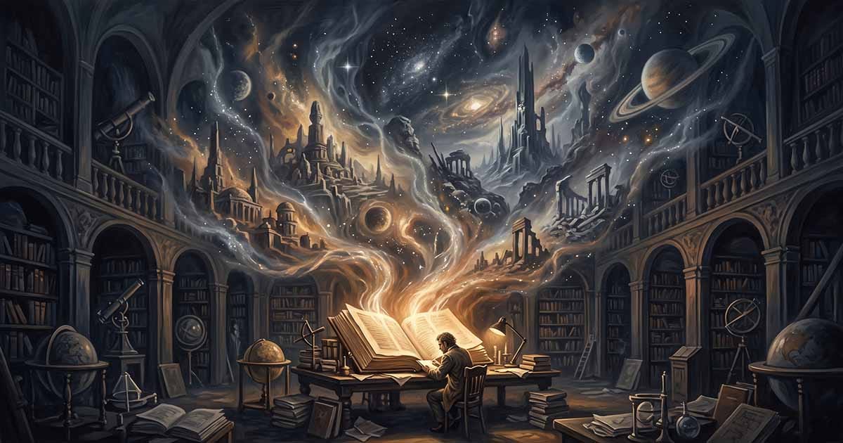 Vintage science fiction illustration of a scholar reading a large book as visions of planets, galaxies, and distant civilizations rise above the pages.