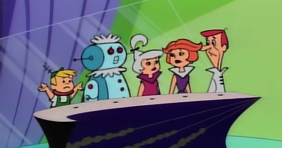 George, Jane, Judy, and Elroy Jetson gathered with Rosie the Robot in their futuristic home.