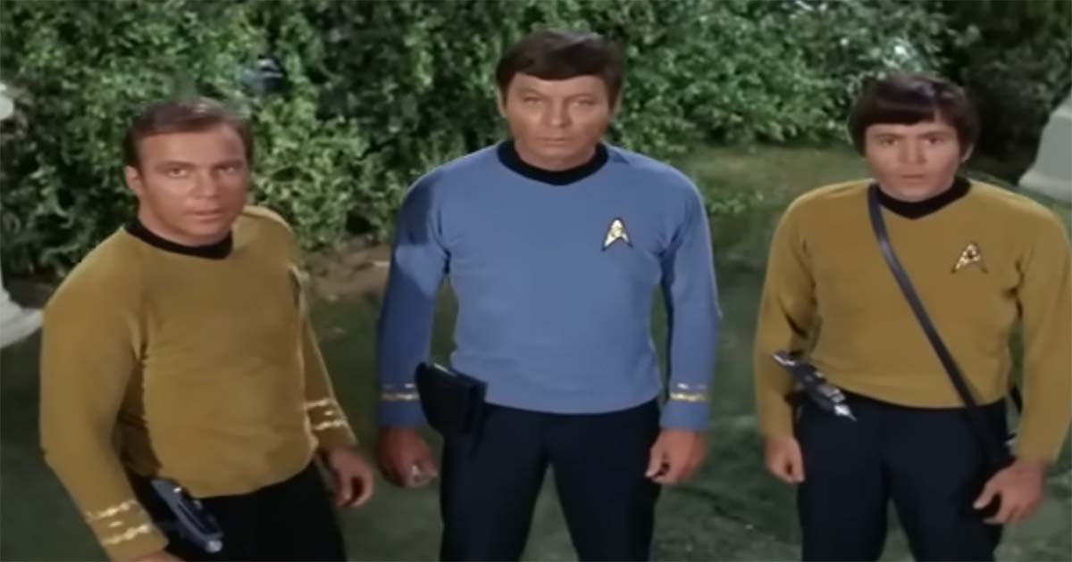 A "Star Trek" landing party led by Kirk and Spock explores an alien world with communicators and other equipment.