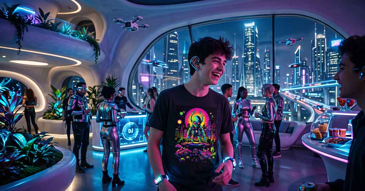 Teenager in an alien DJ T-shirt at a neon-lit futuristic party with flying vehicles and a city skyline.