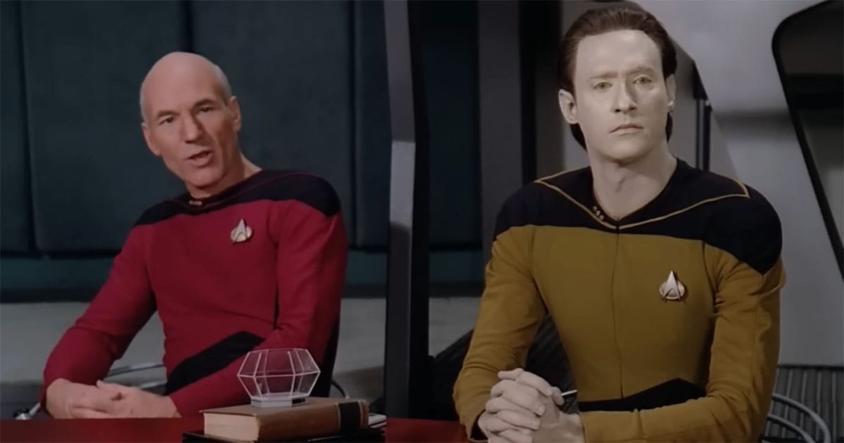 Patrick Stewart as Jean-Luc Picard seated beside Data in a formal scene aboard the Enterprise-D.