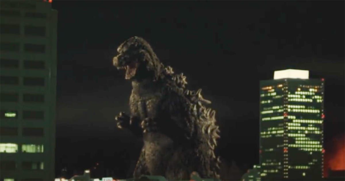 Godzilla rises amid the skyline of Tokyo, a colossal shadow against the lights of human ambition.