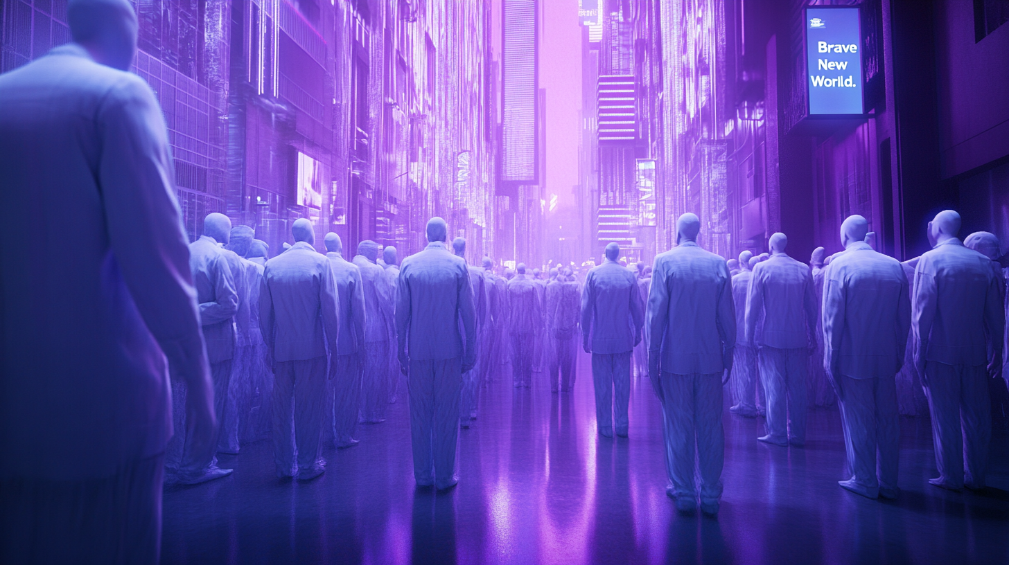 Futuristic city with identical people in a sterile, neon-lit environment.