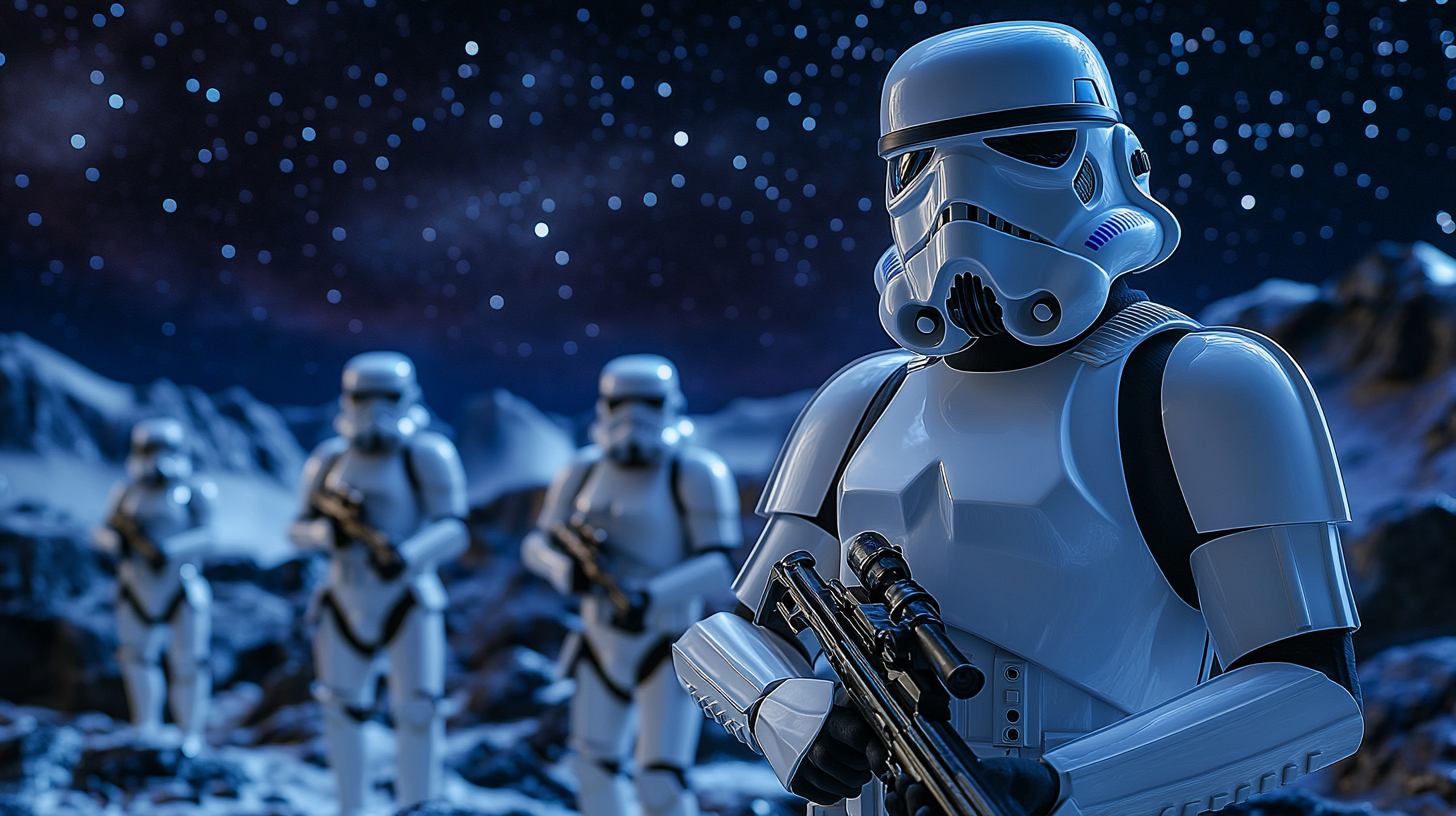 Four Stormtroopers in a snowy, mountainous landscape under a starry night sky.