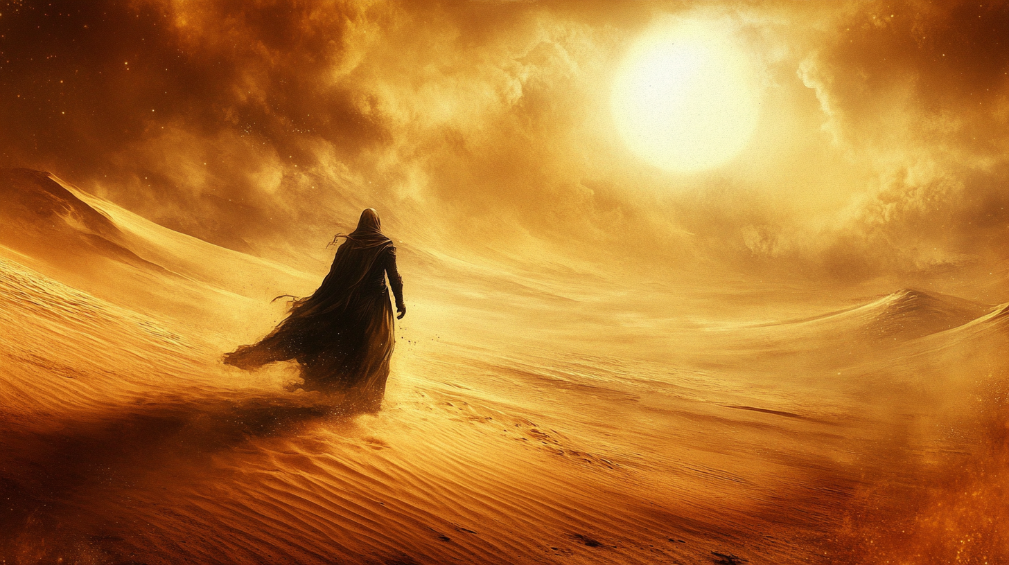 Paul Atreides from "Dune" in a hooded cloak walking across the desert of Arrakis under a blazing sun.