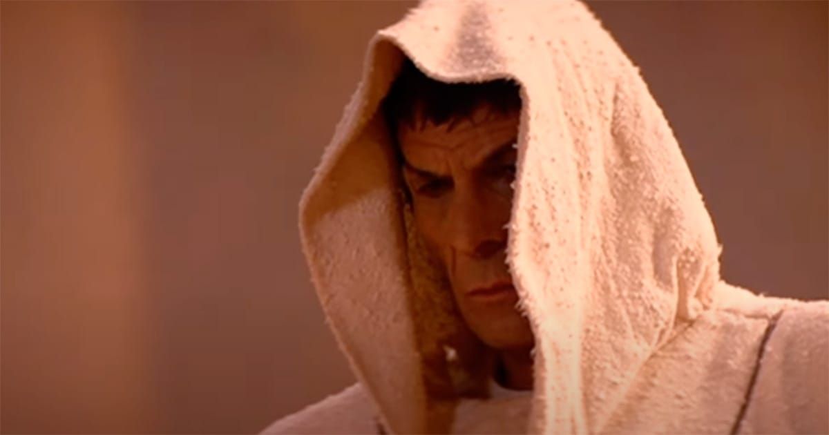 Spock wearing a ceremonial robe after his revival on Vulcan in "Star Trek III: The Search for Spock"