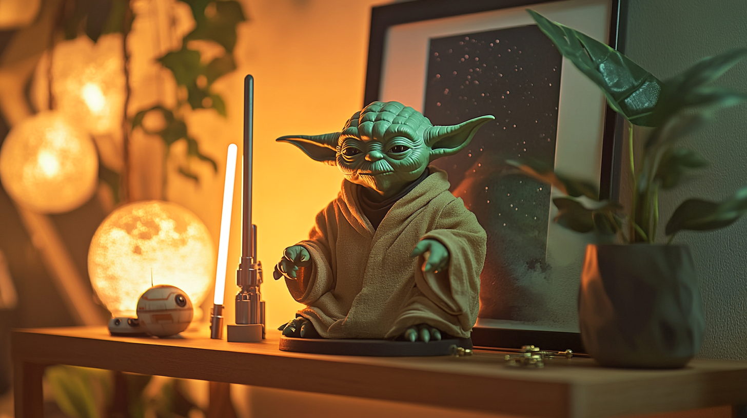 Yoda collectible figure on a wooden shelf with a lightsaber replica, BB-8 toy, and space-themed décor in warm ambient lighting.