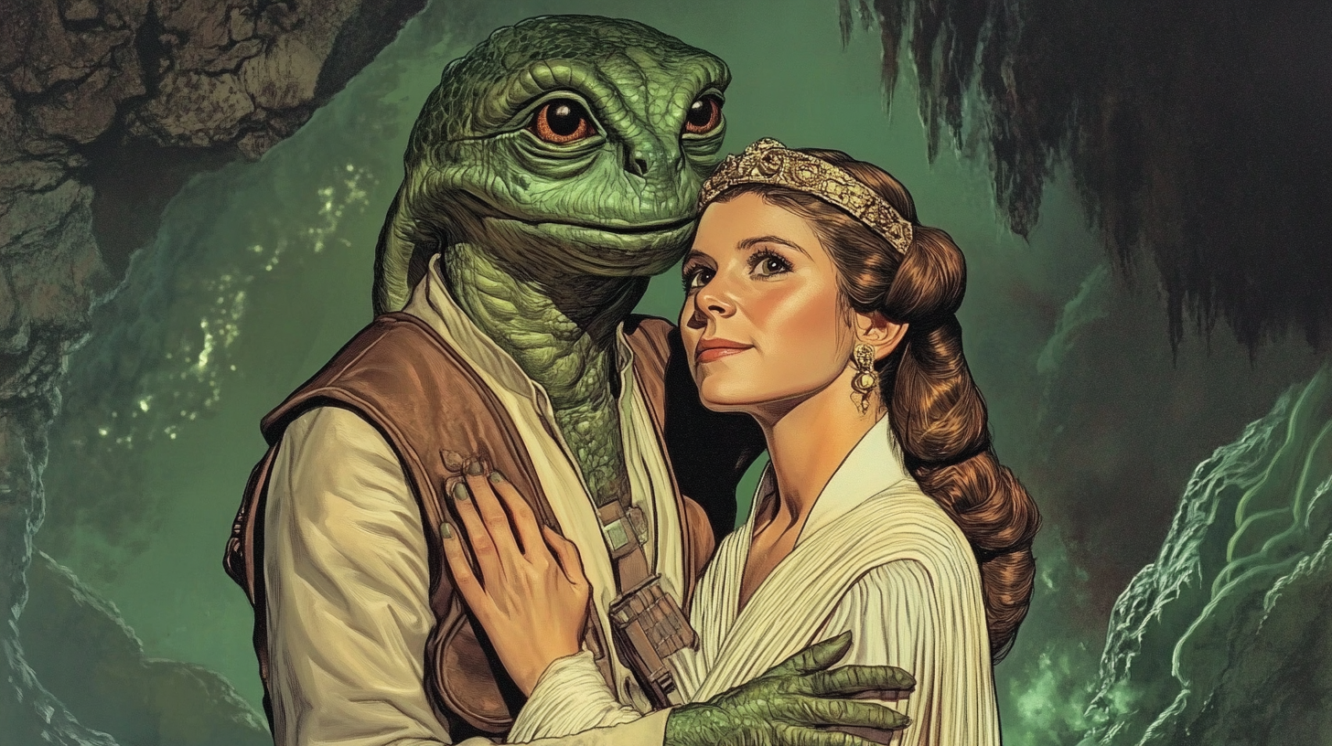 Green Han Solo and royal Leia based on early "A New Hope" ideas. 