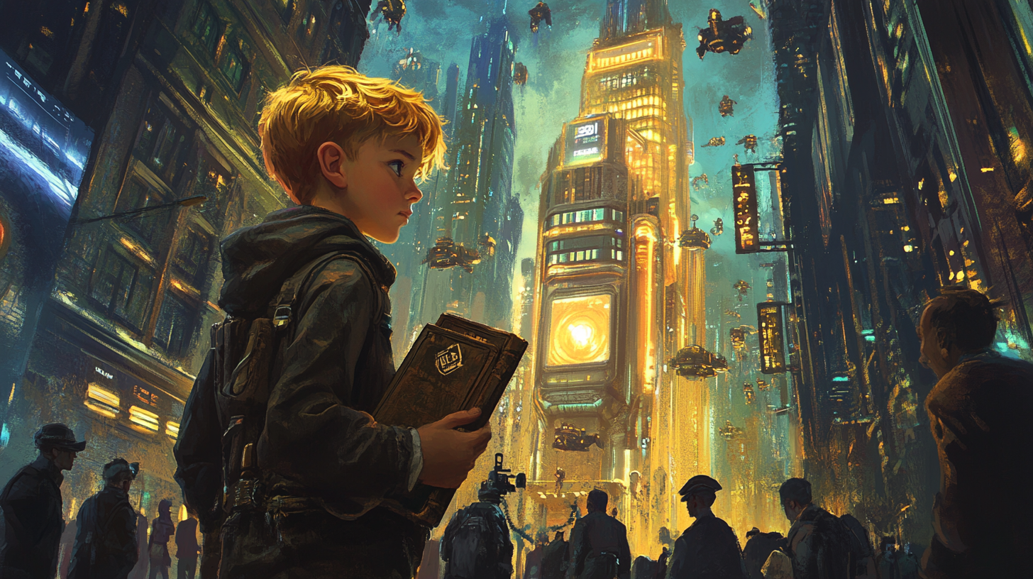 A young boy with blond hair holds a book while standing in a futuristic city surrounded by towering buildings, flying machines, and watchful crowds.