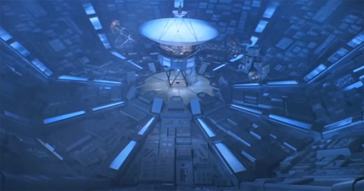 Interior of V'Ger showing the Voyager 6 space probe suspended in a vast, mechanical chamber from "Star Trek: The Motion Picture."