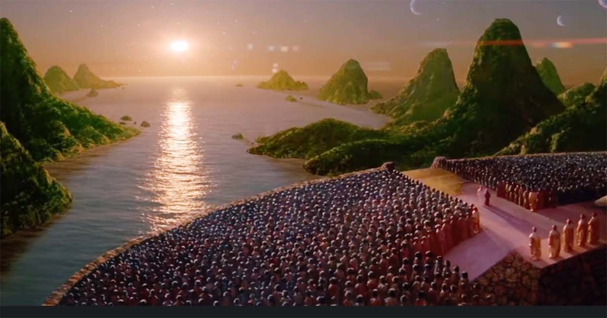 Zammis stands before a gathering of Dracs on their homeworld at sunset, preparing to honor his father's legacy in "Enemy Mine."